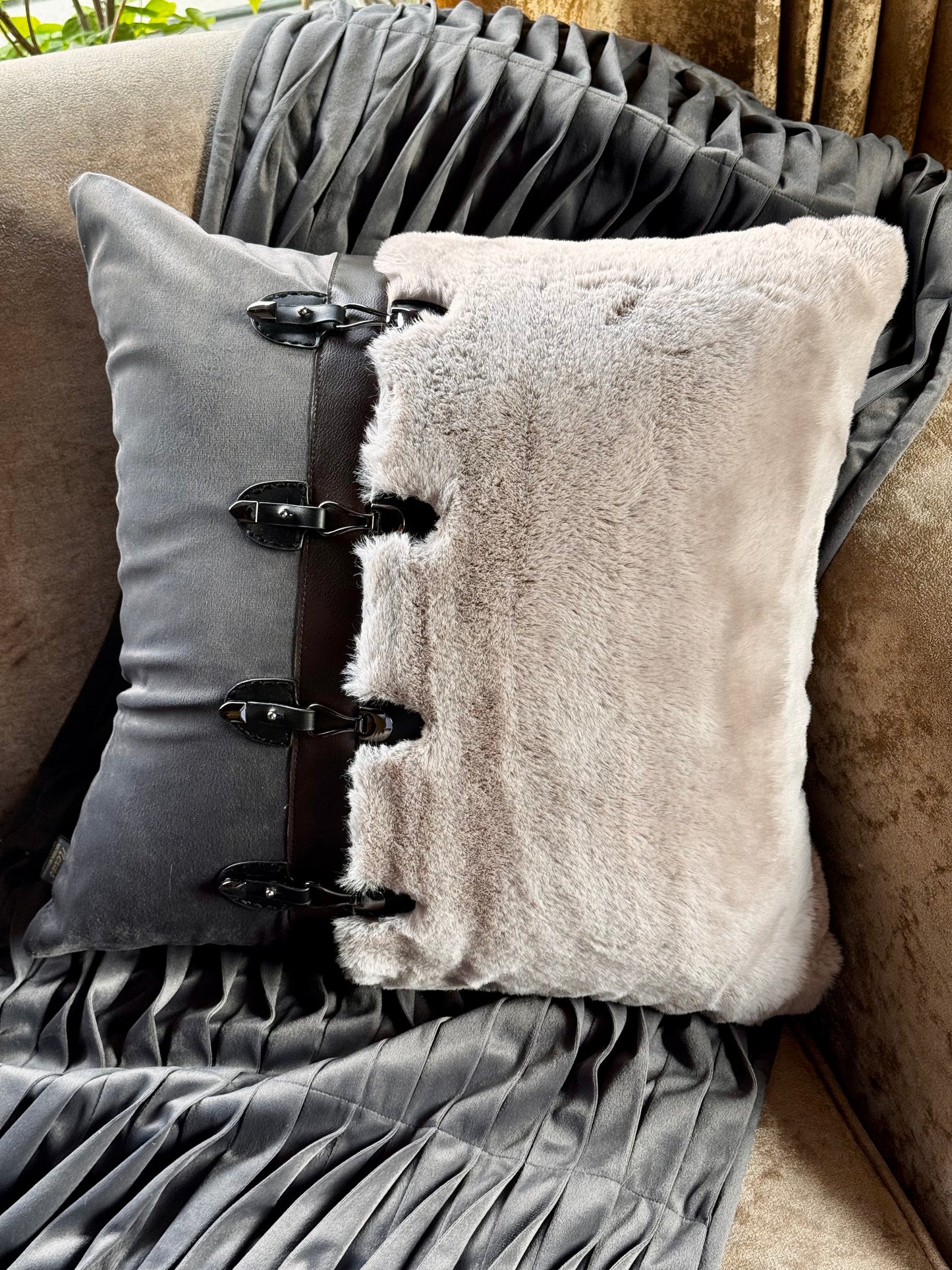 The Grey Fur Buckle Cushion