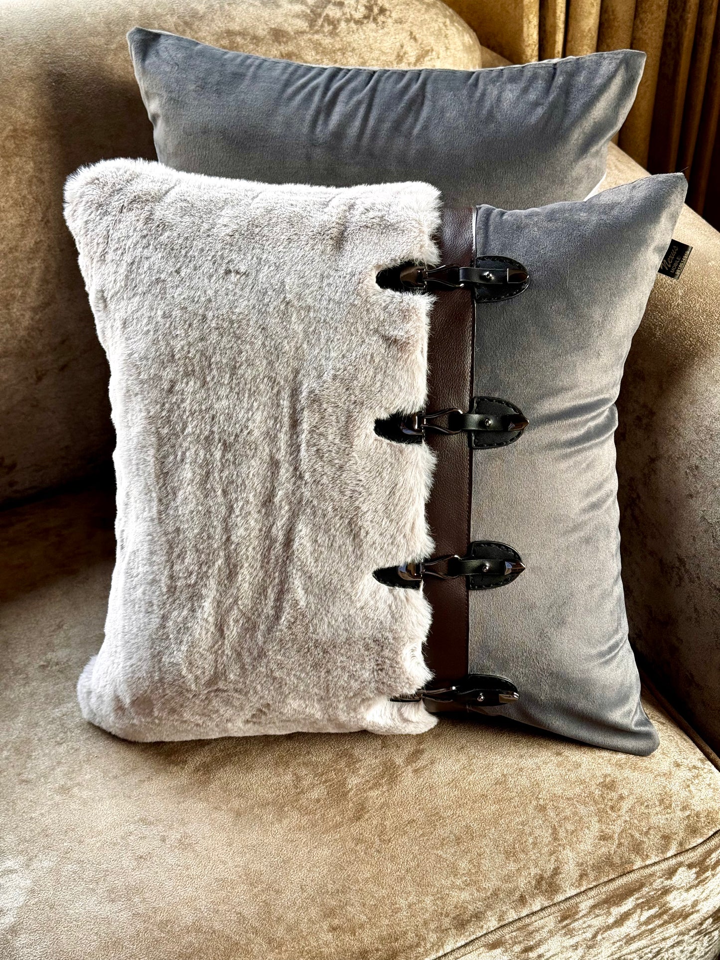 The Grey Fur Buckle Cushion