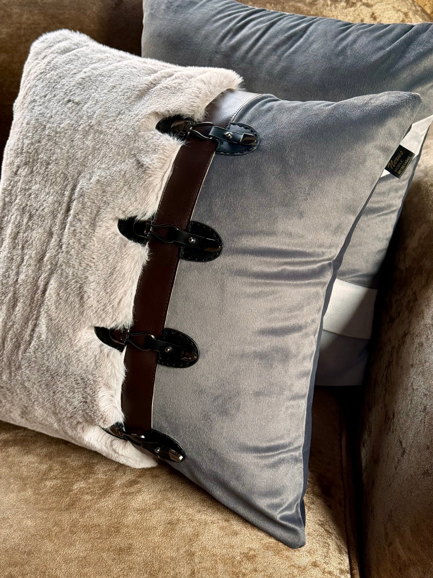 The Grey Fur Buckle Cushion