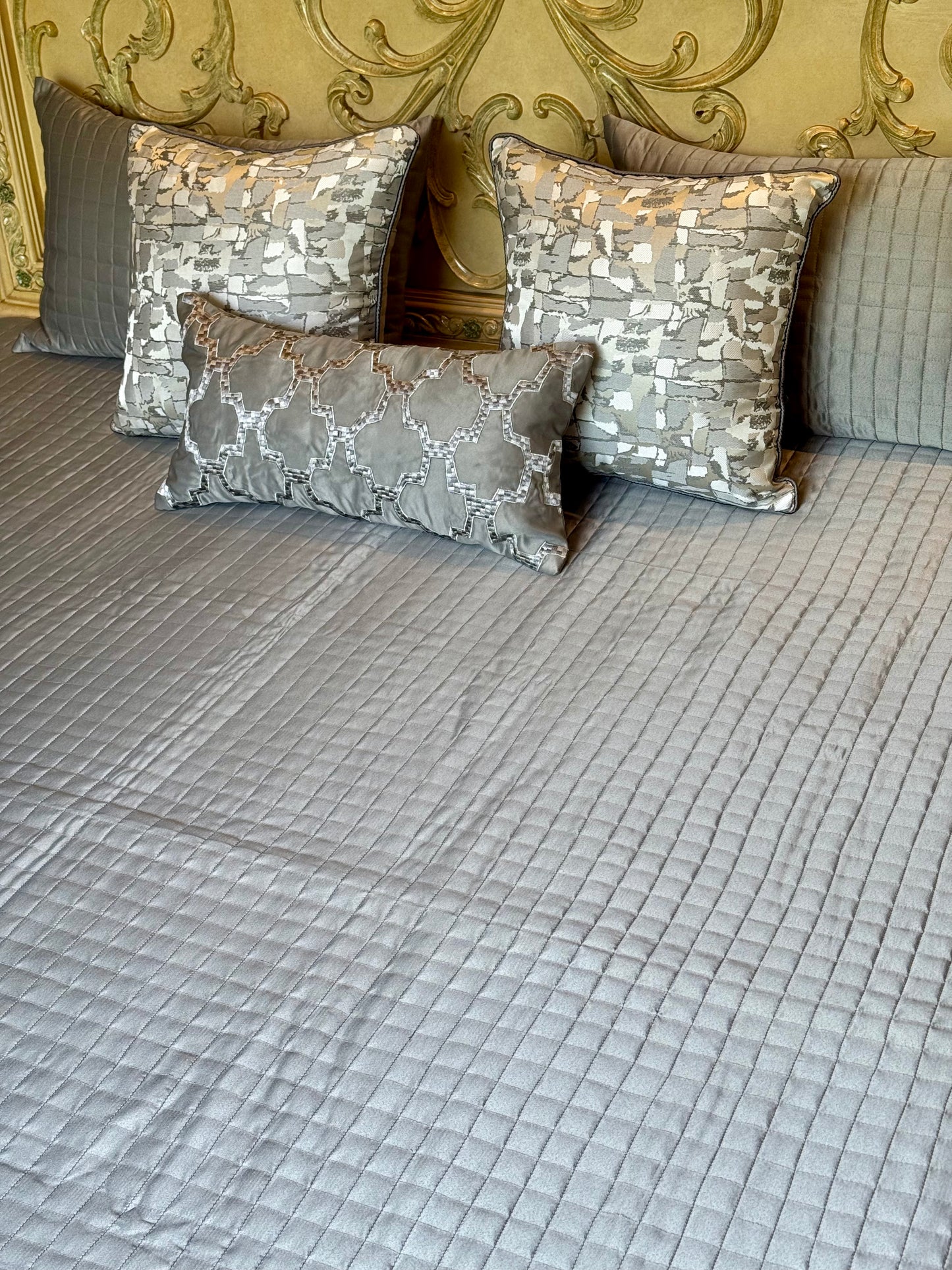 The Satin Grey Grid Bedding Set