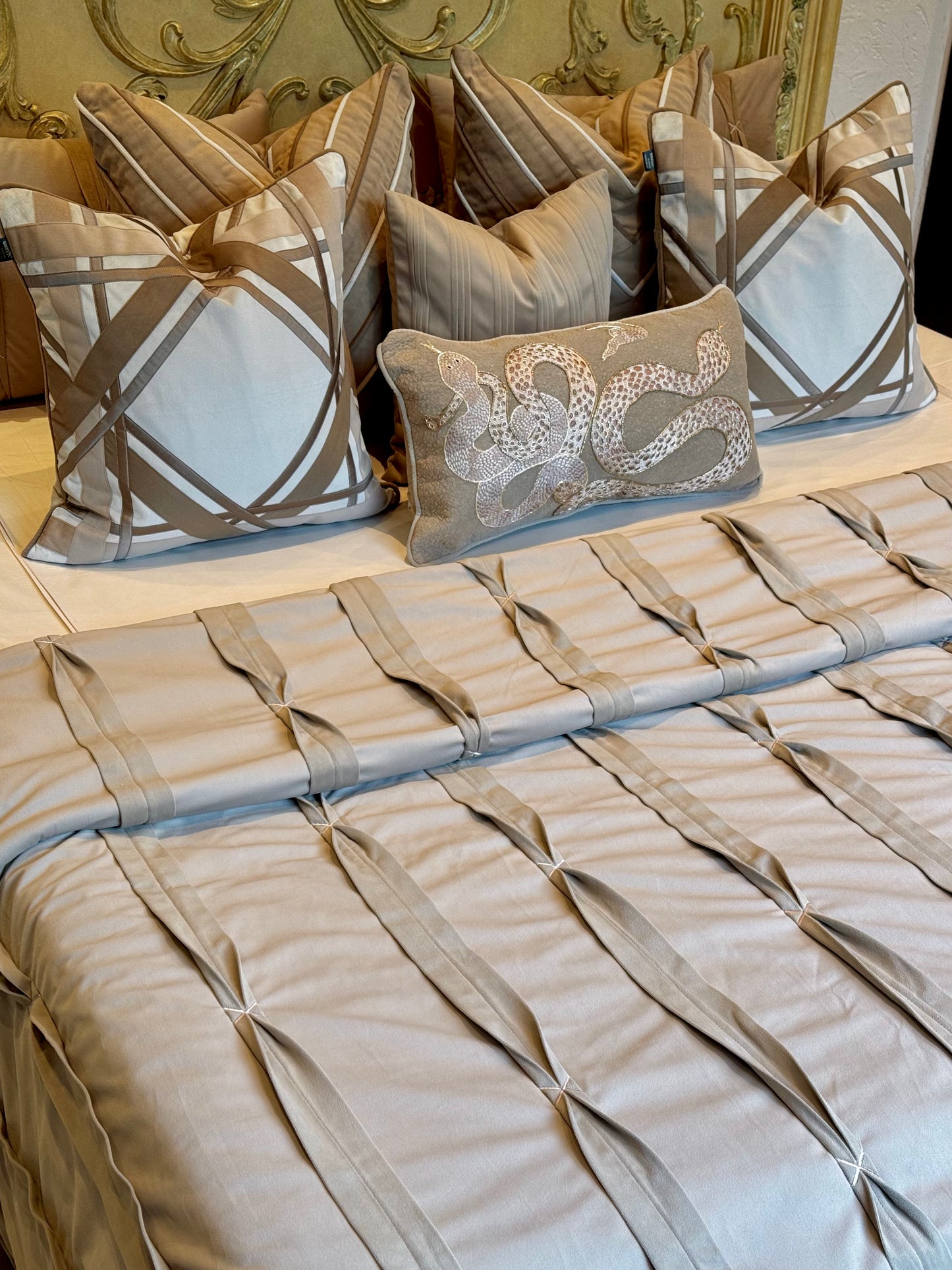 The Maison Taupe Crest Bedding Set