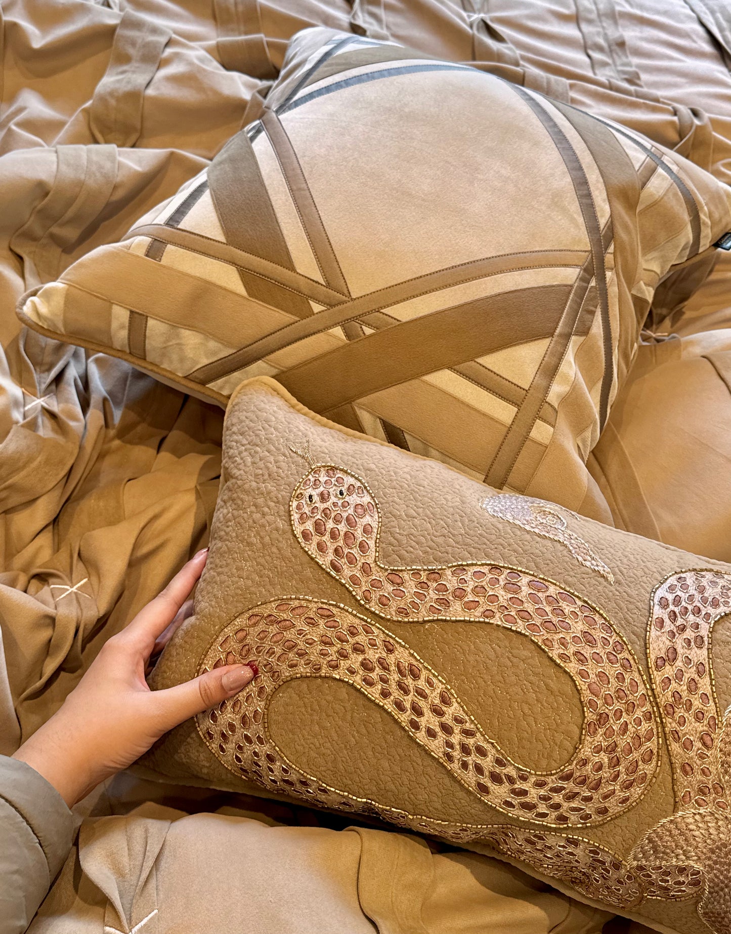 The Maison Taupe Crest Bedding Set