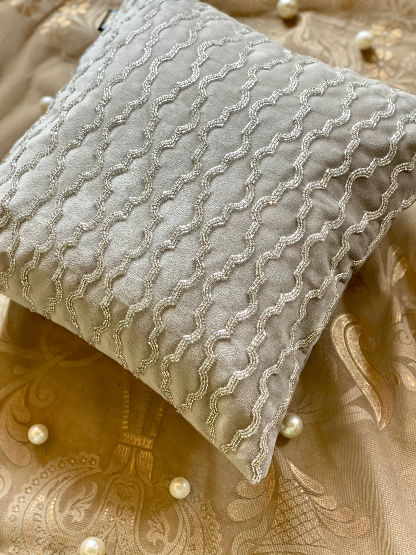 THE LIGHT GREY GLASS BEAD CUSHION COVER